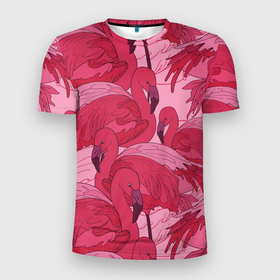 Мужская футболка 3D спортивная с принтом розовые фламинго , 100% полиэстер с улучшенными характеристиками | приталенный силуэт, круглая горловина, широкие плечи, сужается к линии бедра | Тематика изображения на принте: flamingo | птицы | розовый | фламинго