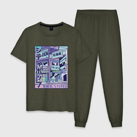 Мужская пижама хлопок с принтом Vaporwave Anime Cyberpunk City в Кировске, 100% хлопок | брюки и футболка прямого кроя, без карманов, на брюках мягкая резинка на поясе и по низу штанин
 | Тематика изображения на принте: 90s | aestetic | art | audio | av | glitch | japan | pink | pop culture | retrowave | tokyo | vhs | video | арт | аудио | вейпорвейв | видео | вхс | искусство | кандзи | кассета | кассеты | паровая волна | поп культура | ретровейв | тренд | эст