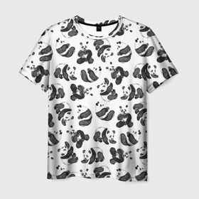 Мужская футболка 3D с принтом Акварельные панды паттерн в Тюмени, 100% полиэфир | прямой крой, круглый вырез горловины, длина до линии бедер | art | black white | cute | funny panda | panda | pandas | pattern | watercolor | акварель | акварельный рисунок | арт | детский рисунок | маленькие панды | медведи | медвежата | милые панды | мишки | панда | пандочка | пандочки | узор