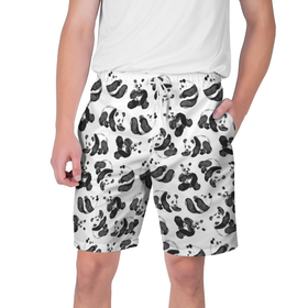 Мужские шорты 3D с принтом Акварельные панды паттерн в Курске,  полиэстер 100% | прямой крой, два кармана без застежек по бокам. Мягкая трикотажная резинка на поясе, внутри которой широкие завязки. Длина чуть выше колен | art | black white | cute | funny panda | panda | pandas | pattern | watercolor | акварель | акварельный рисунок | арт | детский рисунок | маленькие панды | медведи | медвежата | милые панды | мишки | панда | пандочка | пандочки | узор