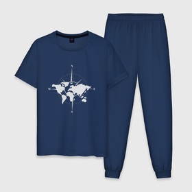 Мужская пижама хлопок с принтом Карта Мира Компас  в Тюмени, 100% хлопок | брюки и футболка прямого кроя, без карманов, на брюках мягкая резинка на поясе и по низу штанин
 | africa | afrika | australia | brazil | compas | earth | geraldic | planet | russia | usa | world map | астралия | африка | бразилия | геральдика | земля | континенты | планета | роза ветров | россия | страна | страны | сша