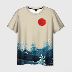 Мужская футболка 3D с принтом Японский Стиль Волны и Солнце в Белгороде, 100% полиэфир | прямой крой, круглый вырез горловины, длина до линии бедер | japan | style | sun | water | waves | аниме | вода | волны | иероглифы | культура | море | солнце | стиль | текстура | япония