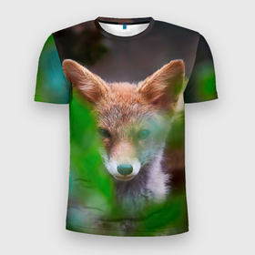 Мужская футболка 3D Slim с принтом Лисичка в   лесу в Курске, 100% полиэстер с улучшенными характеристиками | приталенный силуэт, круглая горловина, широкие плечи, сужается к линии бедра | fox | foxy | животное | звери | лиса | лисенок | лисичка | милая | рыжая | фокс