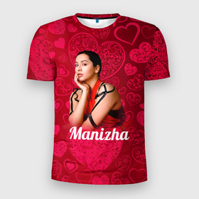 Мужская футболка 3D Slim с принтом Manizha сердечки в Петрозаводске, 100% полиэстер с улучшенными характеристиками | приталенный силуэт, круглая горловина, широкие плечи, сужается к линии бедра | manizha | далеровна | душанбе | евровидение | евровидение 2021 | манижа | певица | таджикистан | хамраева