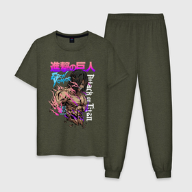 Мужская пижама хлопок с принтом ЭРЕН ЙЕГЕР / EREN YEAGER в Тюмени, 100% хлопок | брюки и футболка прямого кроя, без карманов, на брюках мягкая резинка на поясе и по низу штанин
 | anime | attack on titan. | manga | shingeki no kyojin | аниме | атака на титанов | атака титанов | герой | демон | манга | мультфильм | персонаж | титан | эрен йегер | японская мультипликация