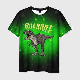 Мужская футболка 3D с принтом Roarrr Динозавр T rex в Екатеринбурге, 100% полиэфир | прямой крой, круглый вырез горловины, длина до линии бедер | Тематика изображения на принте: dino | dinosaur | roar | t rex | динозавр | роар | тирекс | трекс