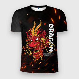 Мужская футболка 3D Slim с принтом Dragon Огненный дракон в Екатеринбурге, 100% полиэстер с улучшенными характеристиками | приталенный силуэт, круглая горловина, широкие плечи, сужается к линии бедра | Тематика изображения на принте: dragon | fire | дракон | китай | китайский огонь | костер | огонь