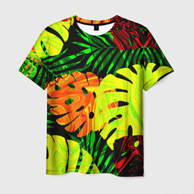 Мужская футболка 3D с принтом ЛИСТЬЯ  в Курске, 100% полиэфир | прямой крой, круглый вырез горловины, длина до линии бедер | summer | джунгли | зелень | кислотный | лесной | летний принт | лето | листья папоротника | огненный | пальмовые листья | пальмы | папоротник | свежий | стильный | тренд | тропики | тропический камуфляж