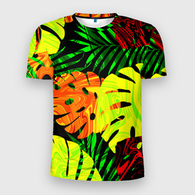 Мужская футболка 3D спортивная с принтом ЛИСТЬЯ  в Санкт-Петербурге, 100% полиэстер с улучшенными характеристиками | приталенный силуэт, круглая горловина, широкие плечи, сужается к линии бедра | summer | джунгли | зелень | кислотный | лесной | летний принт | лето | листья папоротника | огненный | пальмовые листья | пальмы | папоротник | свежий | стильный | тренд | тропики | тропический камуфляж