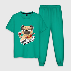 Мужская пижама хлопок с принтом Собака с бокалом  , 100% хлопок | брюки и футболка прямого кроя, без карманов, на брюках мягкая резинка на поясе и по низу штанин
 | бокал | вино | вопрос | деловая собака | довольная собака | смешная картинка | смешная собака | собака