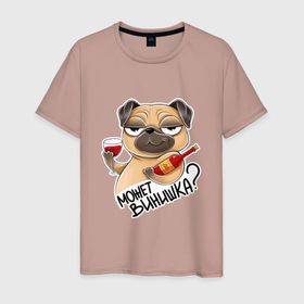 Мужская футболка хлопок с принтом Собака с бокалом  в Тюмени, 100% хлопок | прямой крой, круглый вырез горловины, длина до линии бедер, слегка спущенное плечо. | бокал | вино | вопрос | деловая собака | довольная собака | смешная картинка | смешная собака | собака