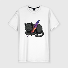 Мужская футболка хлопок Slim с принтом Чёрный кот с пёрышком в Новосибирске, 92% хлопок, 8% лайкра | приталенный силуэт, круглый вырез ворота, длина до линии бедра, короткий рукав | black cat | cats | cute | feather | fluffy | kitten | kitty | playful | pussy | pussycat | британская кошка | британский кот | градиент | играет с пером | киса | котенок | кошечка | кошка | милота | перо | прикол | пус | пусси | пушистый кот 
