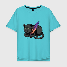 Мужская футболка хлопок Oversize с принтом Чёрный кот с пёрышком в Новосибирске, 100% хлопок | свободный крой, круглый ворот, “спинка” длиннее передней части | black cat | cats | cute | feather | fluffy | kitten | kitty | playful | pussy | pussycat | британская кошка | британский кот | градиент | играет с пером | киса | котенок | кошечка | кошка | милота | перо | прикол | пус | пусси | пушистый кот 