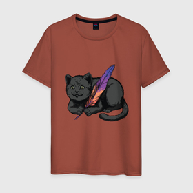 Мужская футболка хлопок с принтом Чёрный кот с пёрышком в Екатеринбурге, 100% хлопок | прямой крой, круглый вырез горловины, длина до линии бедер, слегка спущенное плечо. | black cat | cats | cute | feather | fluffy | kitten | kitty | playful | pussy | pussycat | британская кошка | британский кот | градиент | играет с пером | киса | котенок | кошечка | кошка | милота | перо | прикол | пус | пусси | пушистый кот 