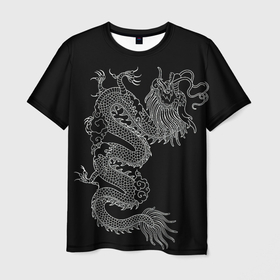 Мужская футболка 3D с принтом ЧБ Дракон в Курске, 100% полиэфир | прямой крой, круглый вырез горловины, длина до линии бедер | beast | dragon | дракон | животные | зверь | змей | когти | огонь | узор | чб