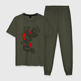 Мужская пижама хлопок с принтом Японский Дракон в Белгороде, 100% хлопок | брюки и футболка прямого кроя, без карманов, на брюках мягкая резинка на поясе и по низу штанин
 | Тематика изображения на принте: akatsuki | beast | dragon | акацуки | дракон | животные | зверь | змей | когти | облако | огонь | узор | чб | японский