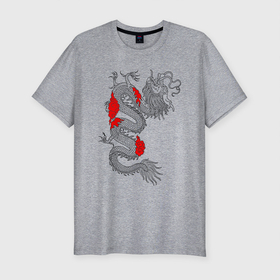 Мужская футболка хлопок Slim с принтом Японский Дракон в Белгороде, 92% хлопок, 8% лайкра | приталенный силуэт, круглый вырез ворота, длина до линии бедра, короткий рукав | akatsuki | beast | dragon | акацуки | дракон | животные | зверь | змей | когти | облако | огонь | узор | чб | японский