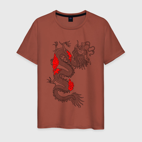 Мужская футболка хлопок с принтом Японский Дракон в Санкт-Петербурге, 100% хлопок | прямой крой, круглый вырез горловины, длина до линии бедер, слегка спущенное плечо. | akatsuki | beast | dragon | акацуки | дракон | животные | зверь | змей | когти | облако | огонь | узор | чб | японский