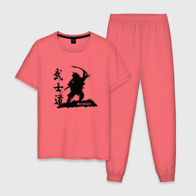 Мужская пижама хлопок с принтом Busido   путь воина. в Новосибирске, 100% хлопок | брюки и футболка прямого кроя, без карманов, на брюках мягкая резинка на поясе и по низу штанин
 | воин | воитель | демон | меч | путь | самурай | япония