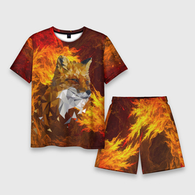 Мужской костюм с шортами 3D с принтом Огненный Лис ,  |  | animal | fire | fox | texture | битва огней | животные | лис | лиса | огонь | пламя | стихия | текстура