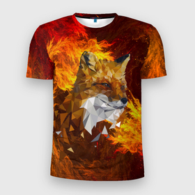 Мужская футболка 3D спортивная с принтом Огненный Лис в Белгороде, 100% полиэстер с улучшенными характеристиками | приталенный силуэт, круглая горловина, широкие плечи, сужается к линии бедра | animal | fire | fox | texture | битва огней | животные | лис | лиса | огонь | пламя | стихия | текстура