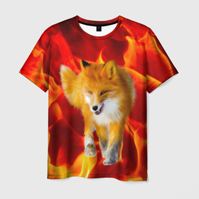 Мужская футболка 3D с принтом Fire Fox в Новосибирске, 100% полиэфир | прямой крой, круглый вырез горловины, длина до линии бедер | animal | fire | fox | texture | битва огней | животные | лис | лиса | огонь | пламя | стихия | текстура