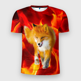 Мужская футболка 3D спортивная с принтом Fire Fox в Кировске, 100% полиэстер с улучшенными характеристиками | приталенный силуэт, круглая горловина, широкие плечи, сужается к линии бедра | animal | fire | fox | texture | битва огней | животные | лис | лиса | огонь | пламя | стихия | текстура