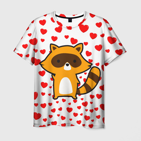 Мужская футболка 3D с принтом Енот в сердечках в Курске, 100% полиэфир | прямой крой, круглый вырез горловины, длина до линии бедер | animal | love | енот | животные | любовь | сердечки