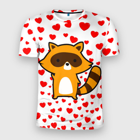 Мужская футболка 3D спортивная с принтом Енот в сердечках в Тюмени, 100% полиэстер с улучшенными характеристиками | приталенный силуэт, круглая горловина, широкие плечи, сужается к линии бедра | animal | love | енот | животные | любовь | сердечки