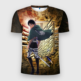 Мужская футболка 3D Slim с принтом Грозный солдат Эрен в Тюмени, 100% полиэстер с улучшенными характеристиками | приталенный силуэт, круглая горловина, широкие плечи, сужается к линии бедра | Тематика изображения на принте: аниме | атака титанов. | развед отряд | титан | эрен йегер