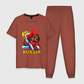 Мужская пижама хлопок с принтом Хоккей. Россия. в Петрозаводске, 100% хлопок | брюки и футболка прямого кроя, без карманов, на брюках мягкая резинка на поясе и по низу штанин
 | hockey | russia | клюшка | краснаямашина | россия | сборная | хоккей | шайба