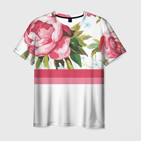 Мужская футболка 3D с принтом Нежные Розы  в Санкт-Петербурге, 100% полиэфир | прямой крой, круглый вырез горловины, длина до линии бедер | линии | листья | минимализм | полосы | природа | растение | розы | цветы