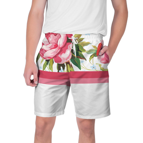 Мужские шорты 3D с принтом Нежные Розы  ,  полиэстер 100% | прямой крой, два кармана без застежек по бокам. Мягкая трикотажная резинка на поясе, внутри которой широкие завязки. Длина чуть выше колен | линии | листья | минимализм | полосы | природа | растение | розы | цветы