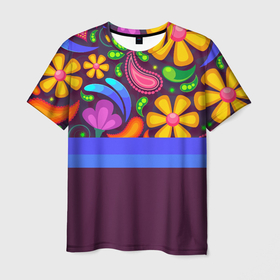 Мужская футболка 3D с принтом Мультяшные Цветы в Тюмени, 100% полиэфир | прямой крой, круглый вырез горловины, длина до линии бедер | линии | минимализм | мультяшные цветы | полосы | рисунок | узоры | цветы