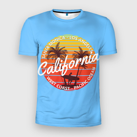 Мужская футболка 3D Slim с принтом Калифорния в Петрозаводске, 100% полиэстер с улучшенными характеристиками | приталенный силуэт, круглая горловина, широкие плечи, сужается к линии бедра | калифорния california сша usa америка лето лосанджелес  лето