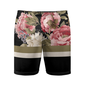 Мужские шорты спортивные с принтом Розы ,  |  | Тематика изображения на принте: линии | листья | полосы | природа | растение | рисунок | розы | цветы