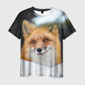Мужская футболка 3D с принтом Лисичка на сугробе , 100% полиэфир | прямой крой, круглый вырез горловины, длина до линии бедер | fox | foxy | животное | звери | лиса | лисенок | лисичка | милая | рыжая | фокс