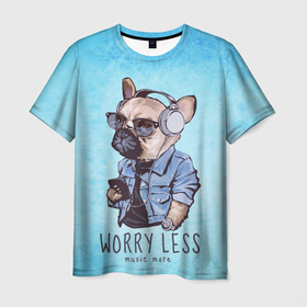 Мужская футболка 3D с принтом Worry less в Курске, 100% полиэфир | прямой крой, круглый вырез горловины, длина до линии бедер | арт | графика | животные | звери | музыка | собака