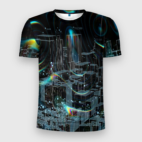 Мужская футболка 3D спортивная с принтом Симуляция в Екатеринбурге, 100% полиэстер с улучшенными характеристиками | приталенный силуэт, круглая горловина, широкие плечи, сужается к линии бедра | 3d | абстракция | геометрия | город | мираж | план | симуляция | схема