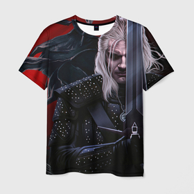 Мужская футболка 3D с принтом Ведьмак Геральт в Белгороде, 100% полиэфир | прямой крой, круглый вырез горловины, длина до линии бедер | ведьмак | войн | волк. | геральт | меч | сериал