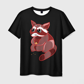 Мужская футболка 3D с принтом Сердитый енотик в Кировске, 100% полиэфир | прямой крой, круглый вырез горловины, длина до линии бедер | Тематика изображения на принте: еда | енот | животное | звери | печенька