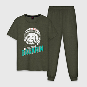 Мужская пижама хлопок с принтом Быть первым как Юрий Гагарин. в Курске, 100% хлопок | брюки и футболка прямого кроя, без карманов, на брюках мягкая резинка на поясе и по низу штанин
 | астронавт | восток1 | гагарин | земля | космонавт | космос | планеты | юрий
