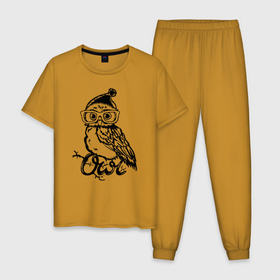 Мужская пижама хлопок с принтом Сова на ветке в Санкт-Петербурге, 100% хлопок | брюки и футболка прямого кроя, без карманов, на брюках мягкая резинка на поясе и по низу штанин
 | Тематика изображения на принте: owl | owls | сова | совушка | совы | филин | фраза | юмор