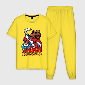 Мужская пижама хлопок с принтом Хоккей. Вперед Россия. в Петрозаводске, 100% хлопок | брюки и футболка прямого кроя, без карманов, на брюках мягкая резинка на поясе и по низу штанин
 | hockey | russia | клюшка | краснаямашина | россия | сборная | хоккей | шайба