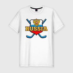 Мужская футболка хлопок Slim с принтом Хоккей. Россия. в Белгороде, 92% хлопок, 8% лайкра | приталенный силуэт, круглый вырез ворота, длина до линии бедра, короткий рукав | hockey | russia | клюшка | краснаямашина | россия | сборная | хоккей | шайба