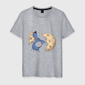 Мужская футболка хлопок с принтом Собака откусила кусок луны в Екатеринбурге, 100% хлопок | прямой крой, круглый вырез горловины, длина до линии бедер, слегка спущенное плечо. | art | cartoon | cheese | cringe | dog | moon | space | space moon | арт | безумие | ест луну | иллюстрация | космос | кринж | луна | луна сыр | мультяшная собака | прикол | синяя собака | собачка | такса | юмор