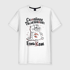 Мужская футболка хлопок Slim с принтом Семейное положение: есть кот в Петрозаводске, 92% хлопок, 8% лайкра | приталенный силуэт, круглый вырез ворота, длина до линии бедра, короткий рукав | кот | надписи | семейное положение | юмор