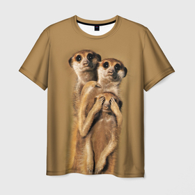 Мужская футболка 3D с принтом Сурикаты в Петрозаводске, 100% полиэфир | прямой крой, круглый вырез горловины, длина до линии бедер | животные | прикол | прикольные животные | природа | смешные | смешные животные | сурикат