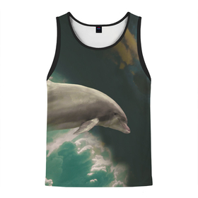 Мужская майка 3D с принтом Дельфин в облаках в Санкт-Петербурге, 100% полиэстер | круглая горловина, приталенный силуэт, длина до линии бедра. Пройма и горловина окантованы тонкой бейкой | дельфин | облака | плавник | полет | свобода