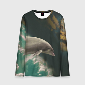 Мужской лонгслив 3D с принтом Дельфин в облаках в Тюмени, 100% полиэстер | длинные рукава, круглый вырез горловины, полуприлегающий силуэт | дельфин | облака | плавник | полет | свобода